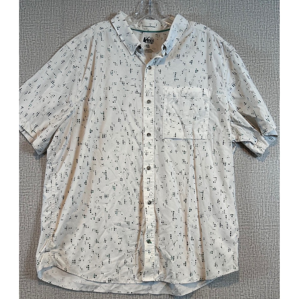 REI Co-op Mens XL Short Sleeve Button Up Shirt AOP White Gorpcore Hiking, Travel